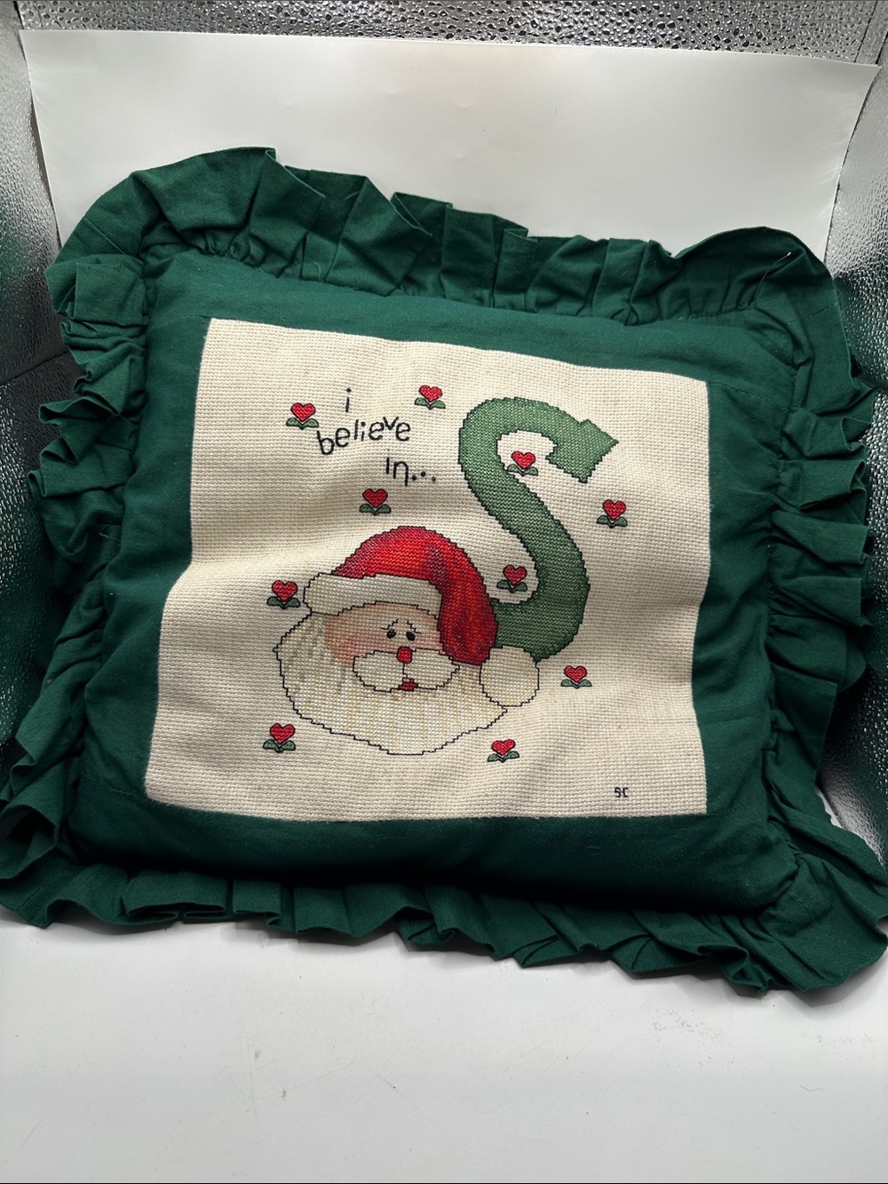 Vintage Holiday Throw Pillow Cover with Green Border and Santa Needlepoint